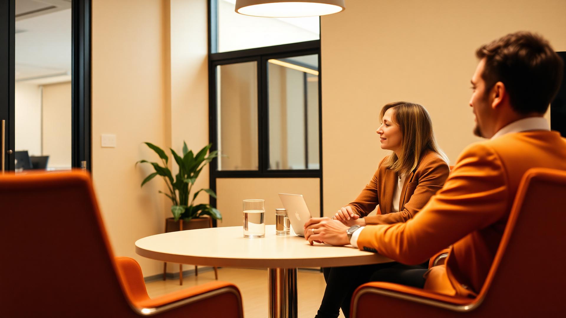Two consultants in conversation in a warm modern office